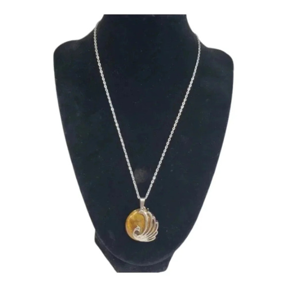 Cats Eye Rising Phoenix Amulet Natural Stone Pendant Necklace Peacock Bird - Picture 4 of 9